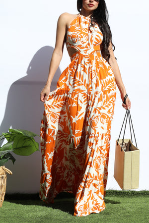 DD8143, FLORAL HALTER NECK MAXI DRESSES