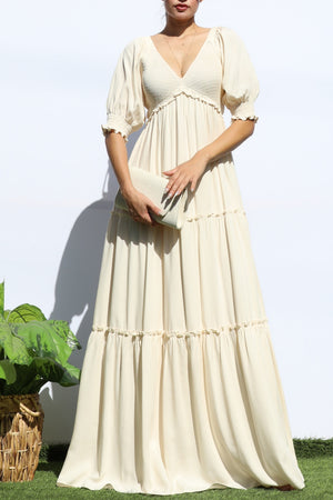 DD7956, V NECK SMOCK TOP TIERED MAXI DRESSES