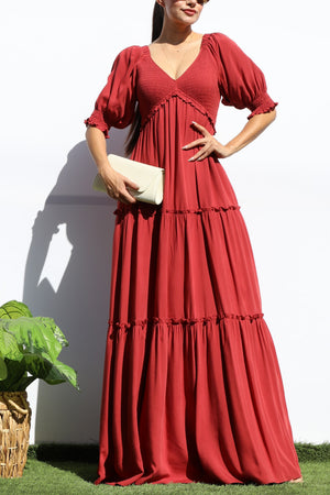 DD7956, V NECK SMOCK TOP TIERED MAXI DRESSES