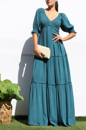 DD7956, V NECK SMOCK TOP TIERED MAXI DRESSES