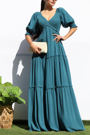 DD7956, V NECK SMOCK TOP TIERED MAXI DRESSES