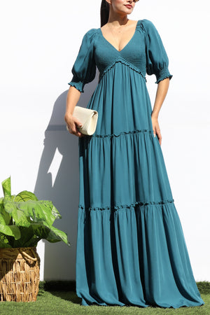 DD7956, V NECK SMOCK TOP TIERED MAXI DRESSES