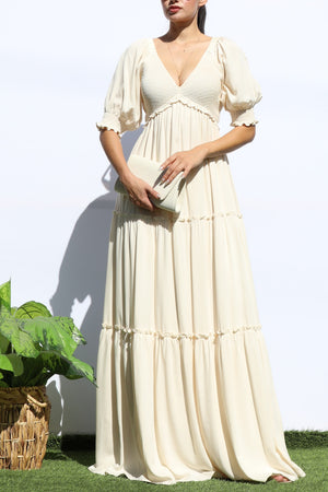 DD7956, V NECK SMOCK TOP TIERED MAXI DRESSES