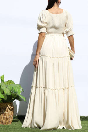 DD7956, V NECK SMOCK TOP TIERED MAXI DRESSES
