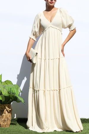 DD7956, V NECK SMOCK TOP TIERED MAXI DRESSES