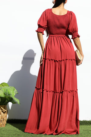 DD7956, V NECK SMOCK TOP TIERED MAXI DRESSES