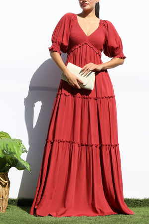 DD7956, V NECK SMOCK TOP TIERED MAXI DRESSES
