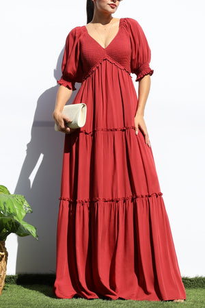 DD7956, V NECK SMOCK TOP TIERED MAXI DRESSES