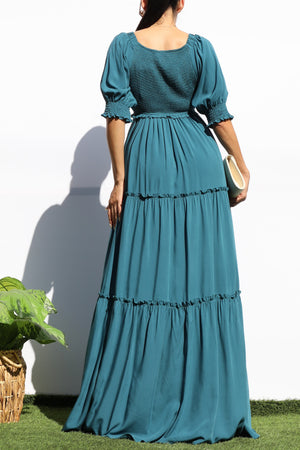 DD7956, V NECK SMOCK TOP TIERED MAXI DRESSES