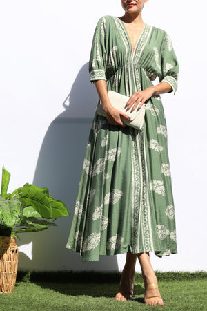 DD6785, BORDER PRINTED WOVEN MIDI DRESS