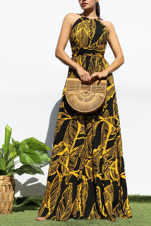 DD8142, LEAF HALTER NECK MAXI DRESSES