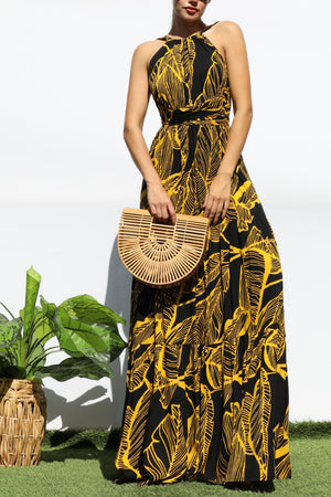 DD8142, LEAF HALTER NECK MAXI DRESSES