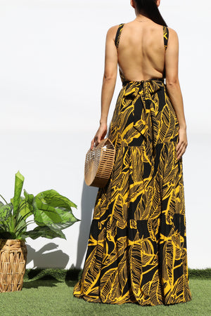 DD8142, LEAF HALTER NECK MAXI DRESSES