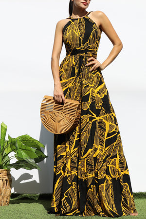 DD8142, LEAF HALTER NECK MAXI DRESSES