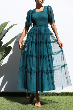 DD4649, RUFFELD MESH LONG DRESS