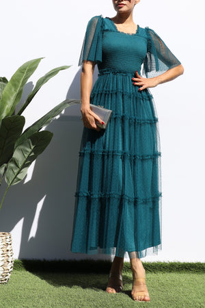 DD4649, RUFFELD MESH LONG DRESS
