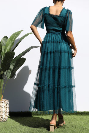 DD4649, RUFFELD MESH LONG DRESS