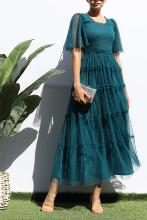 DD4649, RUFFELD MESH LONG DRESS