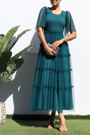 DD4649, RUFFELD MESH LONG DRESS