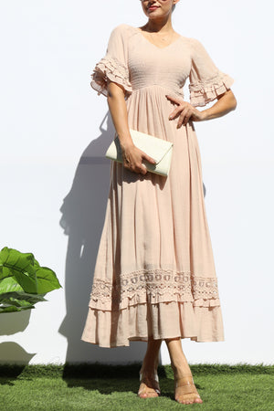 DD8173, SMOCKED TOP LACE MIDI DRESS