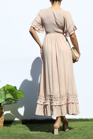 DD8173, SMOCKED TOP LACE MIDI DRESS