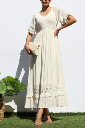 DD8173, SMOCKED TOP LACE MIDI DRESS