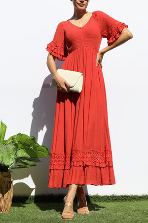 DD8173, SMOCKED TOP LACE MIDI DRESS