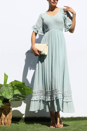 DD8173, SMOCKED TOP LACE MIDI DRESS