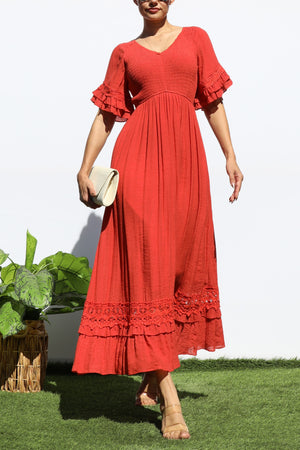 DD8173, SMOCKED TOP LACE MIDI DRESS