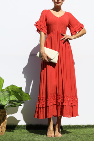 DD8173, SMOCKED TOP LACE MIDI DRESS