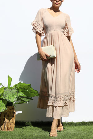 DD8173, SMOCKED TOP LACE MIDI DRESS