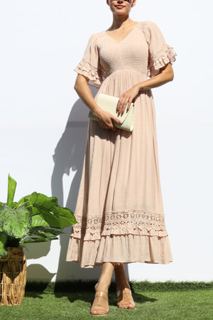 DD8173, SMOCKED TOP LACE MIDI DRESS