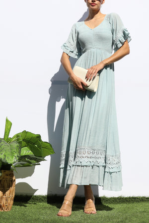 DD8173, SMOCKED TOP LACE MIDI DRESS