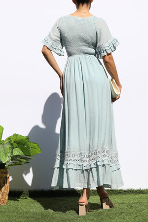 DD8173, SMOCKED TOP LACE MIDI DRESS