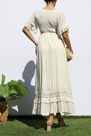 DD8173, SMOCKED TOP LACE MIDI DRESS