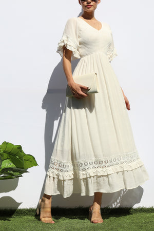 DD8173, SMOCKED TOP LACE MIDI DRESS