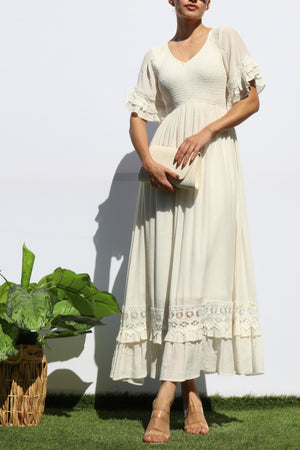 DD8173, SMOCKED TOP LACE MIDI DRESS