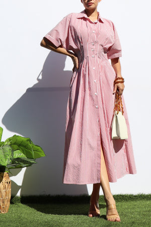 DD7108, STRIPED BUTTON DOWN MIDI DRESS