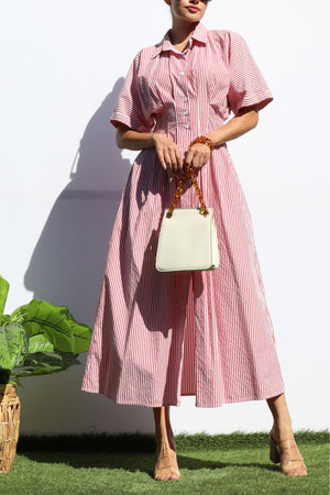 DD7108, STRIPED BUTTON DOWN MIDI DRESS