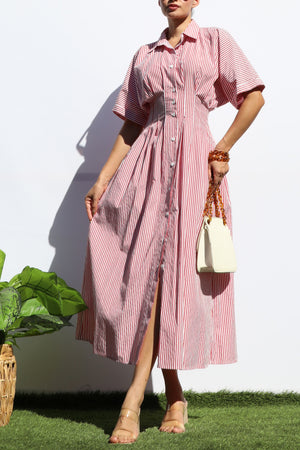 DD7108, STRIPED BUTTON DOWN MIDI DRESS