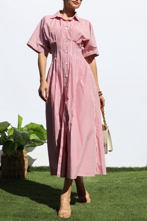 DD7108, STRIPED BUTTON DOWN MIDI DRESS