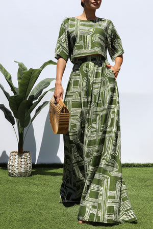 DD8146, PRINTED LOOSE FIT TOP AND FLARE-LEG PANTS SET