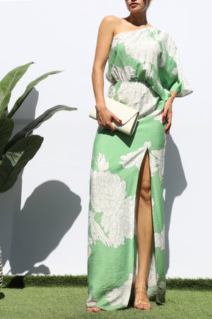 DD7028, PRINTED LOOSE FIT ONE SHOULDER MAXI DRESS