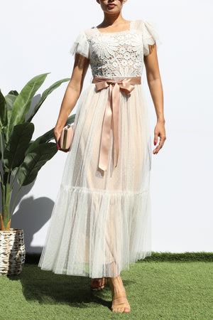 DD7815, LACE TOP RUFFLED MESH MIDI DRESS