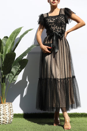 DD7815, LACE TOP RUFFLED MESH MIDI DRESS