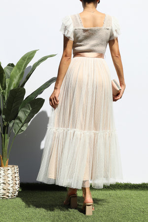 DD7815, LACE TOP RUFFLED MESH MIDI DRESS