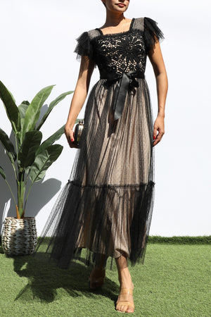 DD7815, LACE TOP RUFFLED MESH MIDI DRESS