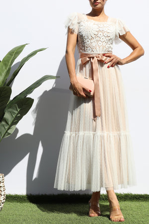 DD7815, LACE TOP RUFFLED MESH MIDI DRESS