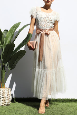 DD7815, LACE TOP RUFFLED MESH MIDI DRESS