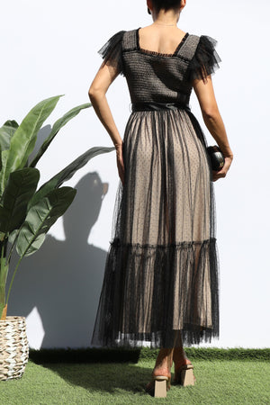 DD7815, LACE TOP RUFFLED MESH MIDI DRESS